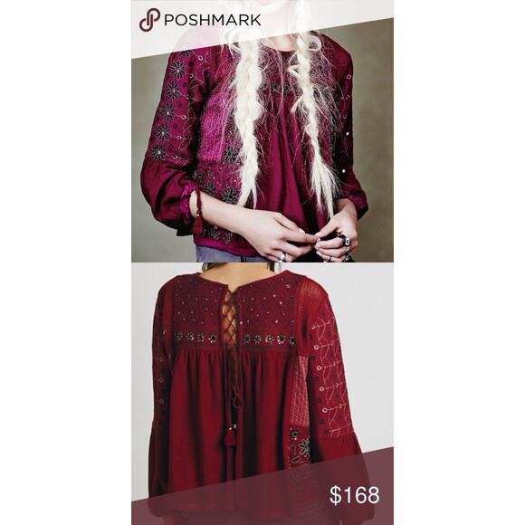 Free People Huh Fancy Peasant Blouse Top XS Burgundy Red Embroidered Mirror Bead - Picture 2 of 11